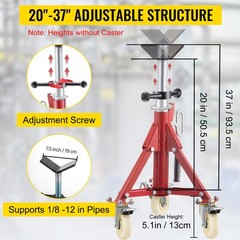 VEVOR Pipe Stand Fold-a-Jack V-Head 20-37 inch Height 12&Prime; Pipe 882 lb w/Casters