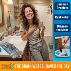 FlexiSnake Drain Weasel Sink Snake Handle + 5 Refill Wands, Orange/Yellow