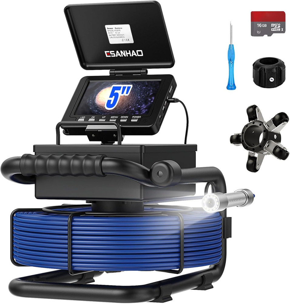 Sewer Camera with 5&Prime; Screen, 164ft Drain Snake & 512Hz Transmitter, DVR Included