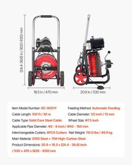VEVOR Drain Cleaner Machine Electric Drain Auger 100FT x 1/2 Inch Auto Feed
