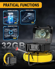 Self-Leveling Sewer Camera 165ft with 9&Prime; 1080P Screen & 32GB Card