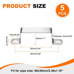 5pcs Square Pipe Clamp 60x30mm 304 Stainless Steel Tube Buckle, Silver