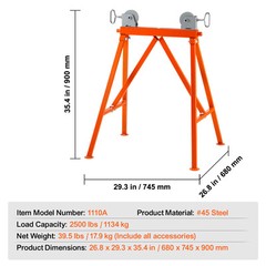 VEVOR Pipe Stand with Roller Head 2500 LBS Load for 2-36 inches Pipes 45# Steel