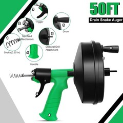 New 50ft Drain Auger Plumbing Snake Manual & Drill Powered w/ Bag Gloves