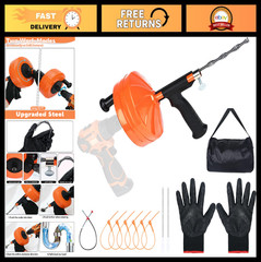 50FT Drain Auger Snake &ndash; Manual/Drill Powered, Heavy Duty Plumbing Tool, Gloves