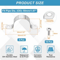 5Pcs 50mm(2&Prime;) Two Hole Rigid Pipe Strap with Screws, Silver