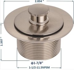 VATTNO Bath tub Drain Kit 1-7/8&Prime; 1-1/2-11.5NPSM Brushed Nickel Brass