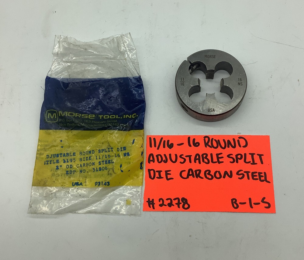 Morse Tool 11/16-16 Adjustable Round Split Die Carbon Steel USA (#2278) (B-1-S)