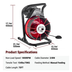 75FT x 3/8 In Drain Cleaner Machine, 2&Prime;-4&Prime; Pipesnual Feed Electric Drain Auger