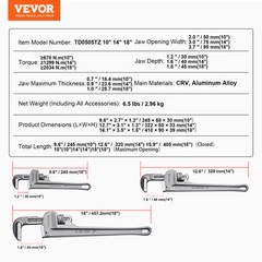 VEVOR 3PCS Aluminum Straight Pipe Wrench Set 10/14/18 in Plumbing Wrench CRV Jaw