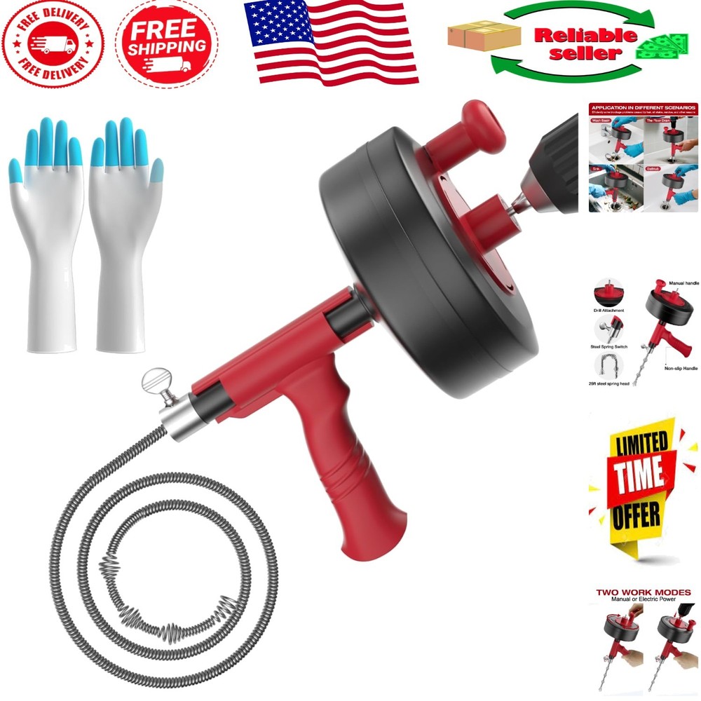 25ft Flexible Steel Drain Auger with Drill Adapter &ndash; Dually Manual & Powered