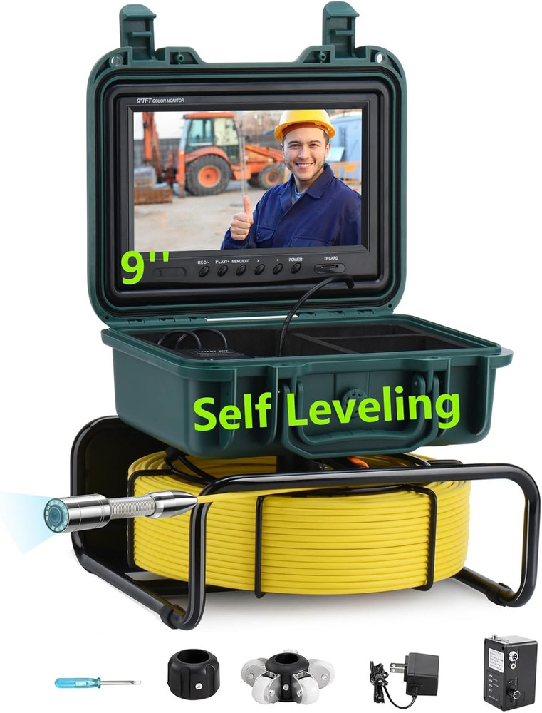 100Ft Self-Leveling Sewer Camera with 9&Prime; HD Monitor & 12 Light Meter Counter