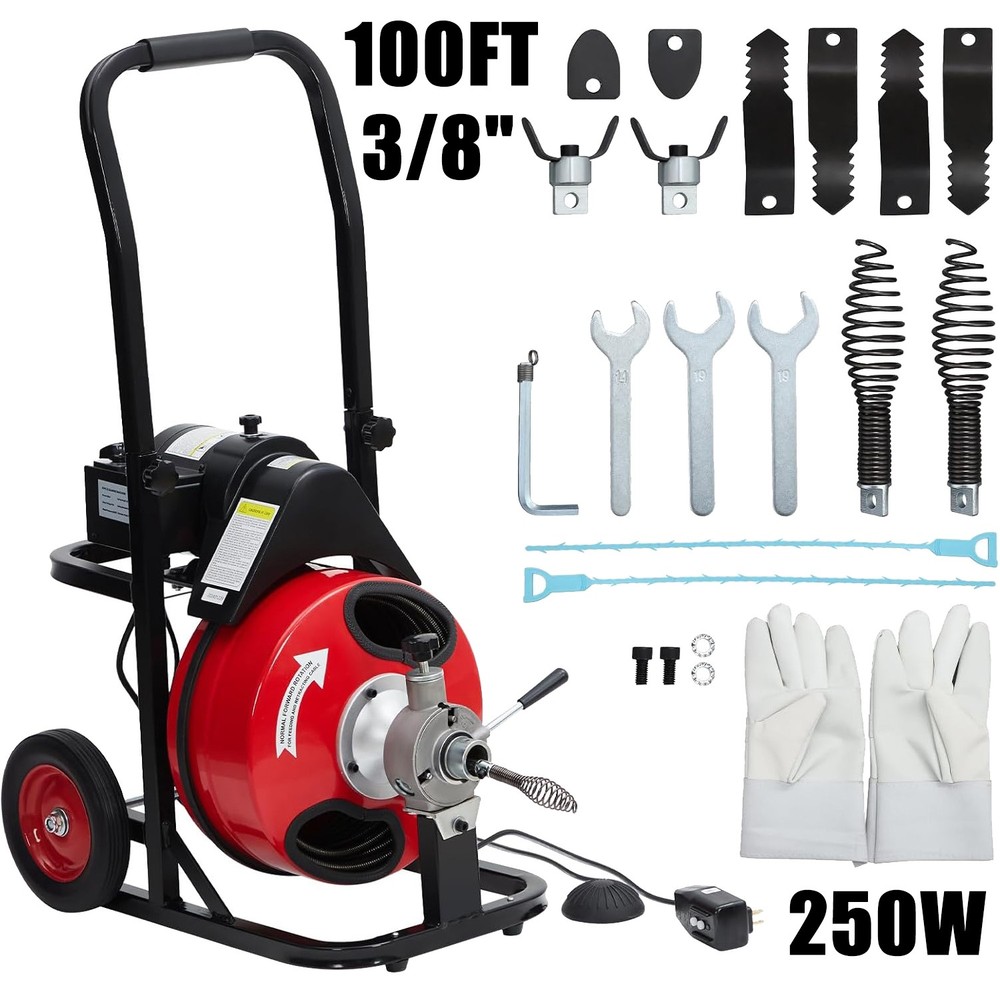 100 FT x 3/8 Inch Drain Cleaner Machine Auger Cleaning Auto Feed with 8 Cutters