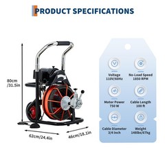 100 FT x 3/4In Auto Feed Drain Cleaner Machine Electric Drain Auger W/10 Cutters