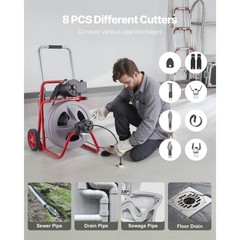 Drain Cleaner Machine 75FT x 1/2 Inch Auto Feed with Wheels & 8 Cutters