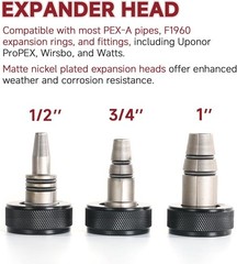 PEX-A Expander Tool Kit with 3 Self-Rotary Matte Nickel Plated Expansion Heads