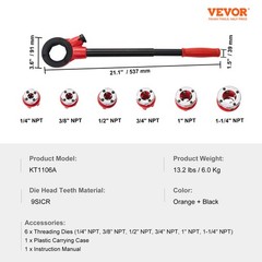 VEVOR Ratchet Pipe Threader Pipe Threading Tool 1/4&Prime; NPT &ndash; 1-1/4&Prime; NPT 6PCS Dies