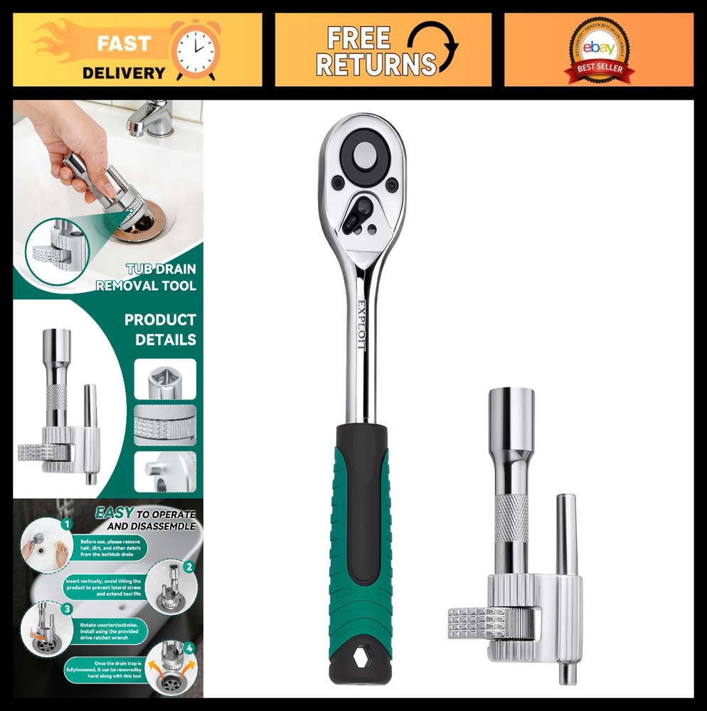 3/8&Prime; Tub Drain Removal Tool with Ratchet Wrench for Bathtub & Sink Plumbing Repa