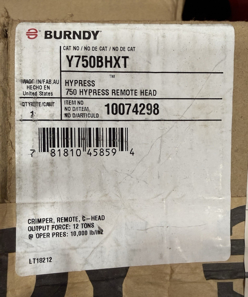 NEW Burndy Y750BHXT 12 Ton HYPRESS Remote Hydraulic C-Head Crimper U Die