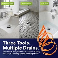 3 Pack Orange Drain Clog Remover Tool 19.7 Inch Plastic Snake