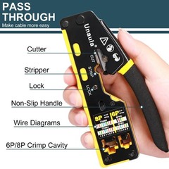 RJ45 Crimp Tool Pass Through Ethernet Crimper Kit Compact, Black & Yellow