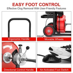 100FT Steel Cable Drain Cleaner Electric 1/2 Inch 370W Portable Sewer Snake Mach