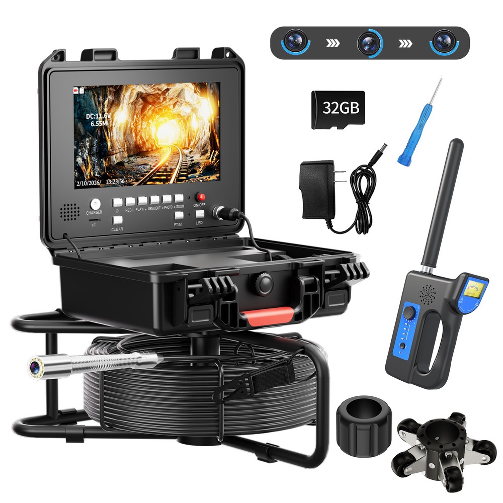 30m Sewer Drain Pipe Inspection Camera w/ 512HZ Locator 9&Prime; Monitor Self-Leveling