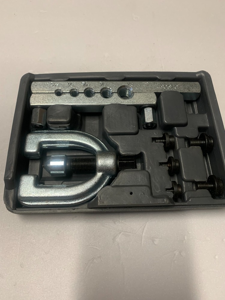 Flaring tool kit with assorted sizes from 3/16 through 1/2 inch.
