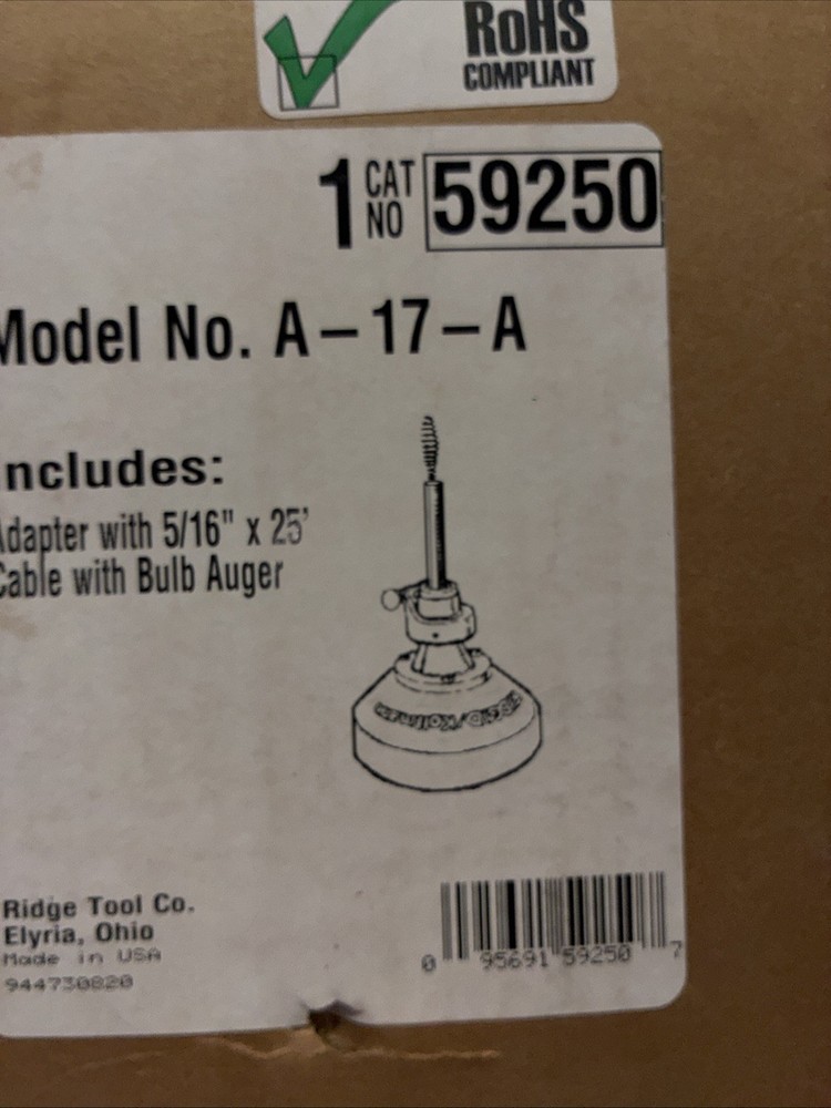 RIDGID A-17-A Adapter 5 /16&Prime; x 25&Prime; cable bulb auger 59250 (IN THE ORIGINAL BOX)