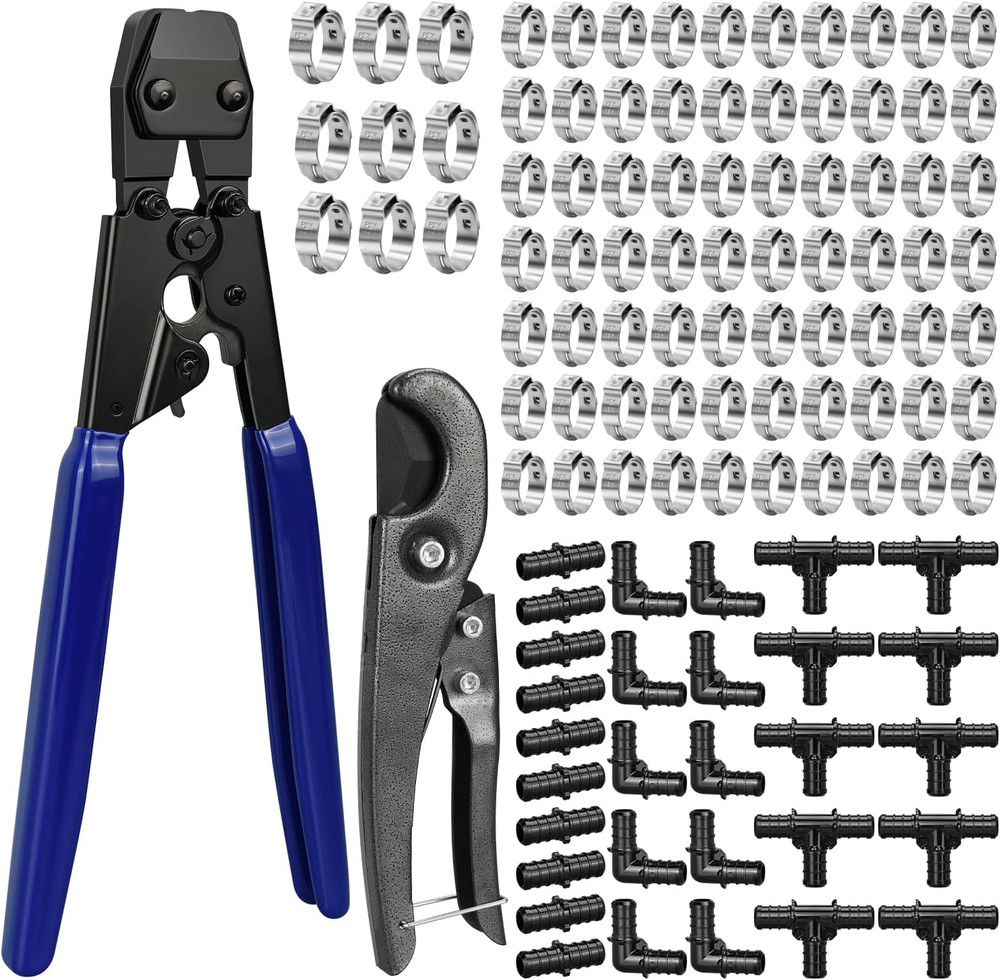 PEX Cinch Clamp Tool Kit, 3/8&Prime; to 1&Prime; PEX Pipe Clamp Cinch Tool Set | with 30 Pcs