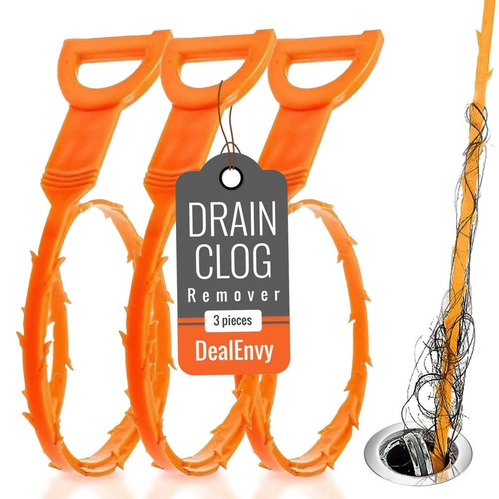3 Pack Orange Drain Clog Remover Tool 19.7 Inch Plastic Snake