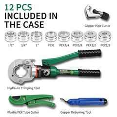 Growlush Hydraulic PEX Pipe Crimping Tool Kit 3/8-1&Prime; 5 Dies ASTM F1807 80KN