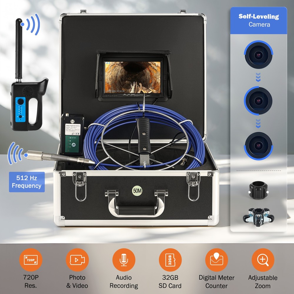 7 in. Self-Leveling Sewer Camera w Locator 164ft Cable Digital Length Counter