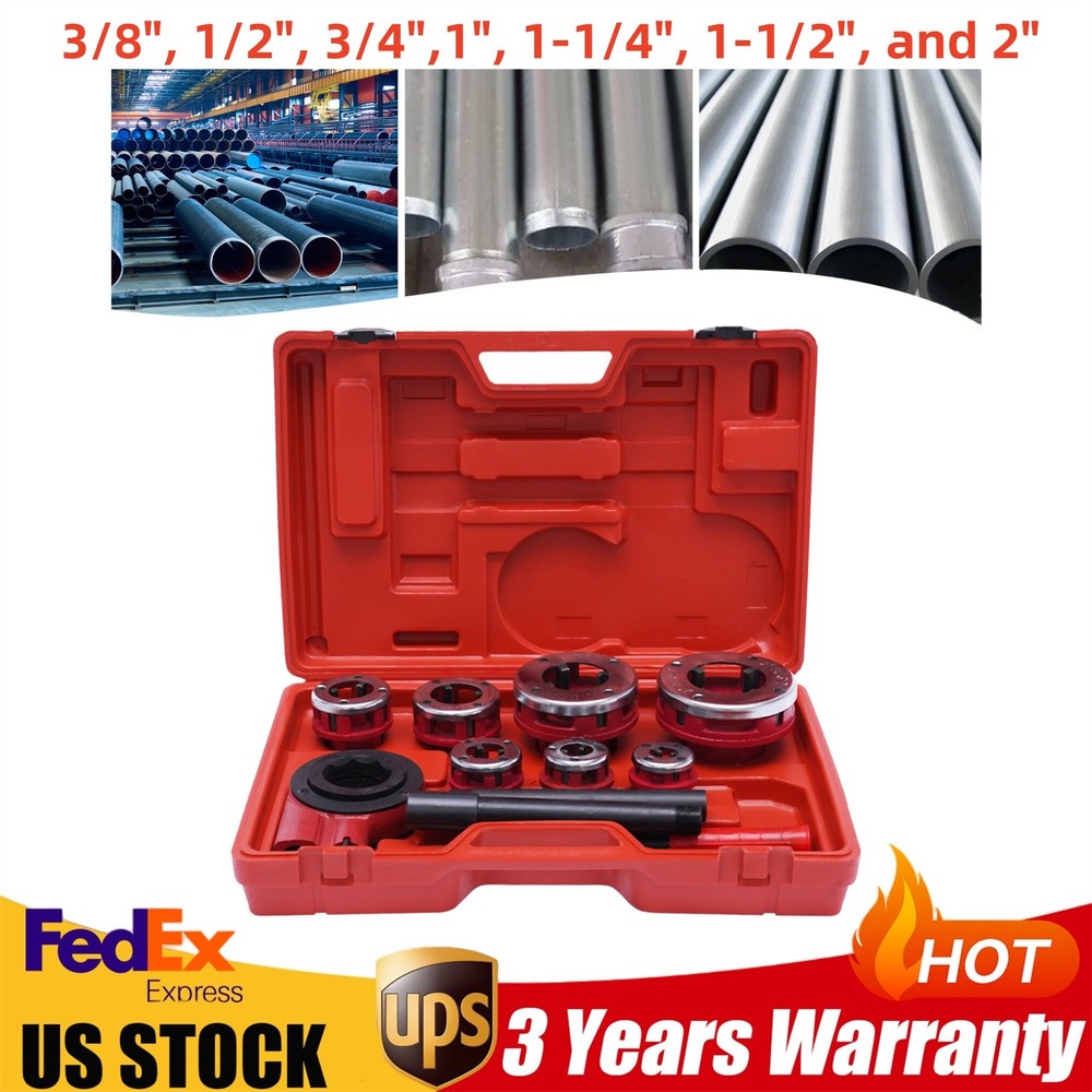 7 Size(3/8&rdquo;-2&Prime;)Dies Hand Ratchet Pipe Threader Set Plumbing Reversing Knob Tool