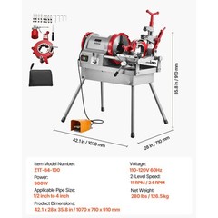 Electric Pipe Threader Machine 900W 2-Speed Threading Cutter for 1/2&Prime; to 4&Prime; Pipe