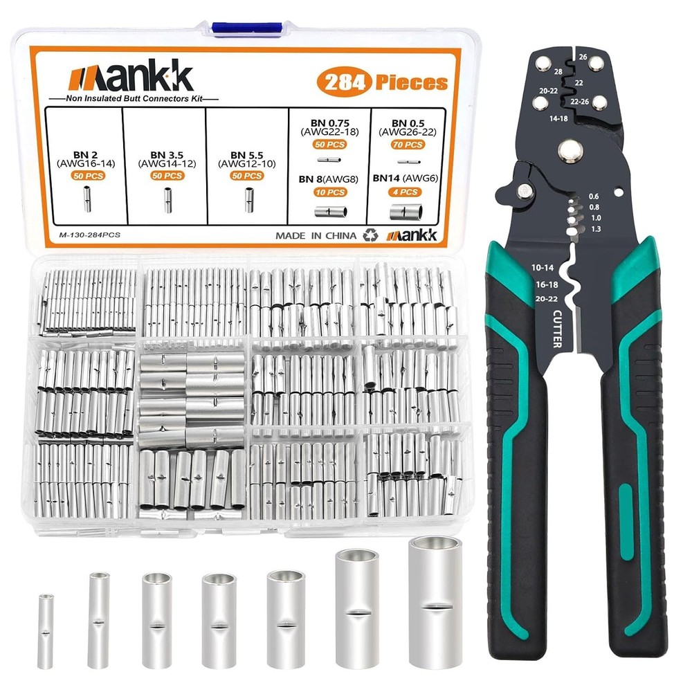 284PCS Non-Insulated Butt Connector Kit with Crimping Tool 26-6 Gauge Copper