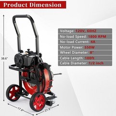 100ft Sewer Snake Machine with GFCI, 1800RPM, 4 Cutters &ndash; for 1&Prime;-4&Prime; Pipes Red