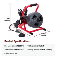 50FT x 5/16 Inch Drain Cleaner Machine, Electric Drain Auger for 3/4&Prime;-3&Prime; Pipes