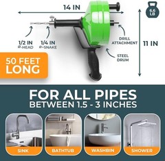 Professional Grade 50FT Drain Snake &ndash; Includes Drill Attachment and Gloves