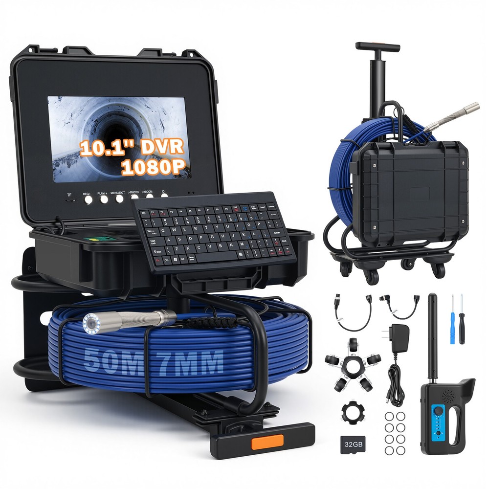 10.1&rdquo; Self-Leveling Sewer Inspection Camera w 165ft Cable Wheels Locator Handle