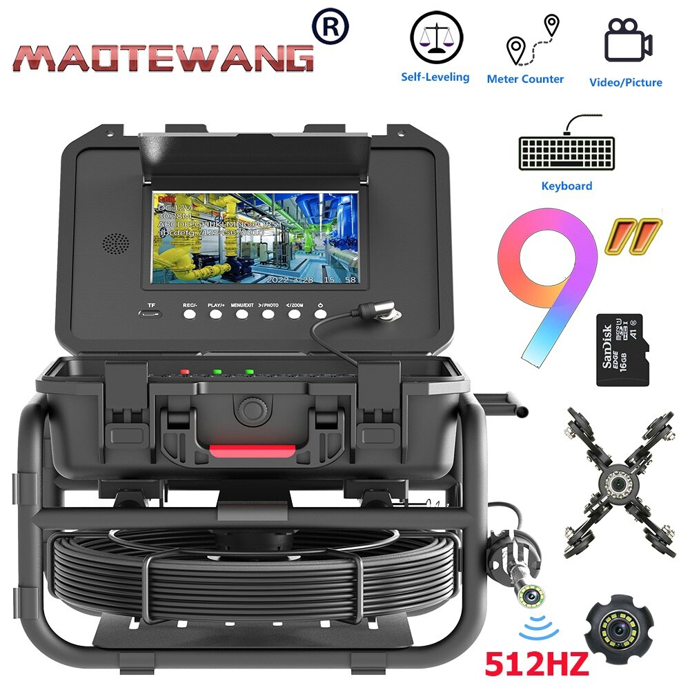 50M Pipe Inspection Sewer Camera HD Video DVR 16G Self-Leveling System 9&Prime; Monito