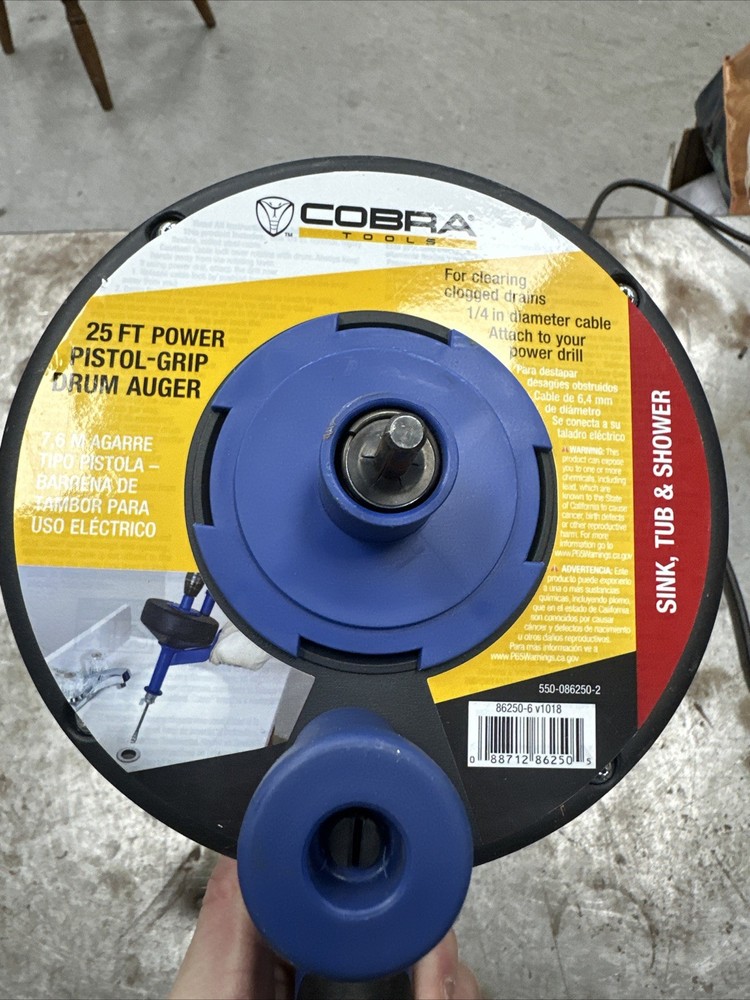 Cobra Products 86250 1/4 In X 25 Ft Pistol Grip Power Drum Drain Auger {G7}
