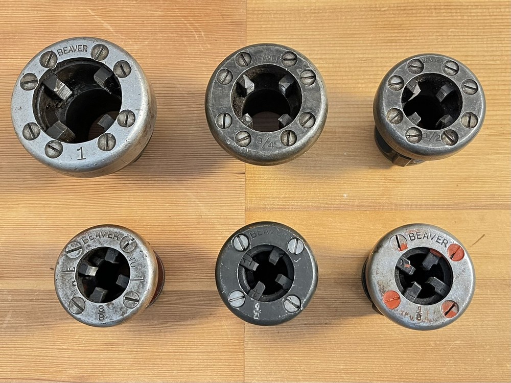 LOT OF 6 &ndash; USED BEAVER DIE HEADS DROP HEAD TYPE w/7 misc. Replacment Dies