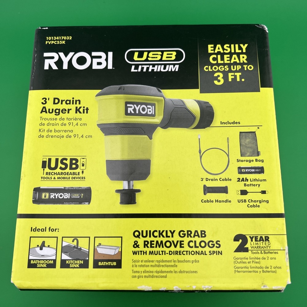 🔥NEW🔥Ryobi Lithium 3&rsquo; Drain Auger Kit UsbC 2AH Cordless Sealed in Pkg.