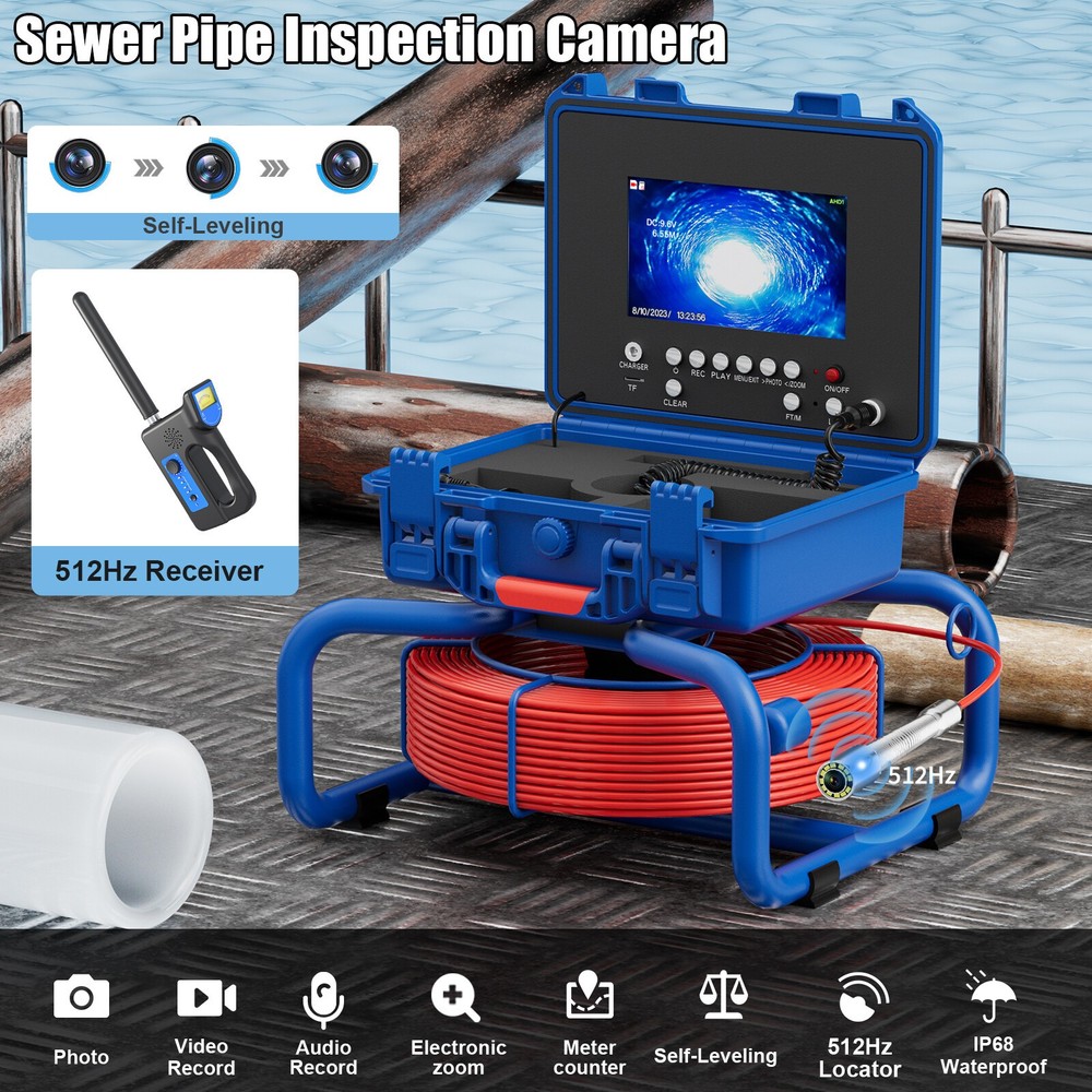 30m Pipe Inspection Camera w/ 512hz Locator Drain Sewer Camera Self Leveling 7&Prime;