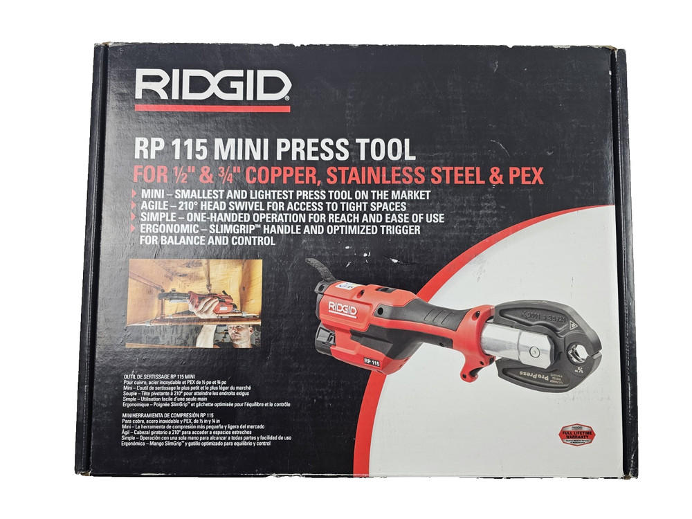 Ridgid RP 115 Mini Press Tool 1/2&Prime;-3/4&Prime; Copper/Stainless Fittings w/ 12v Battery