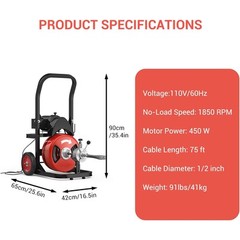 75FT x 1/2 Inch Cable Electric Drain Cleaning Machine 450W Auto-Feed Sewer Snake