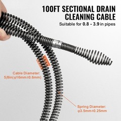 Uimoso Sectional Drain Cleaning Cable100FTx5/8In & 7 Cutters for 0.8&Prime;-3.9&Prime; Pipes