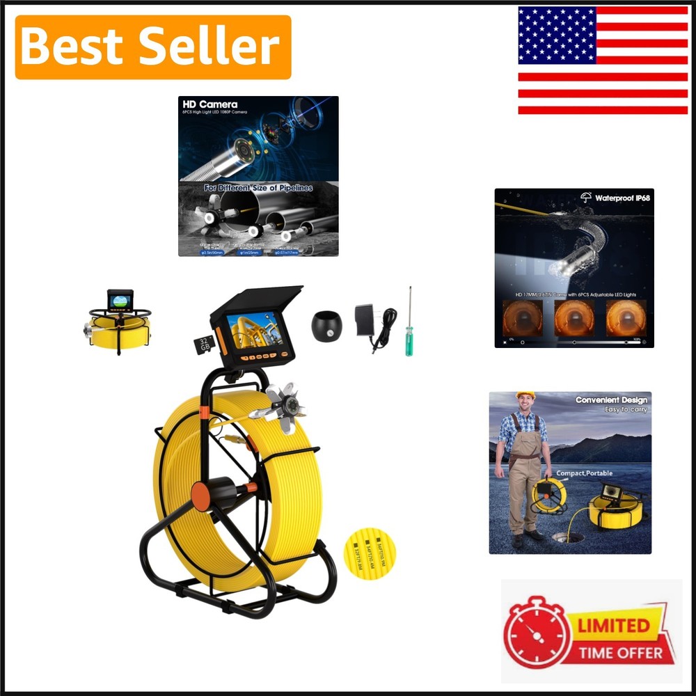 HD 200FT Plumbing Inspection Camera &ndash; 4.3&rdquo; Screen, Waterproof & Adjustable