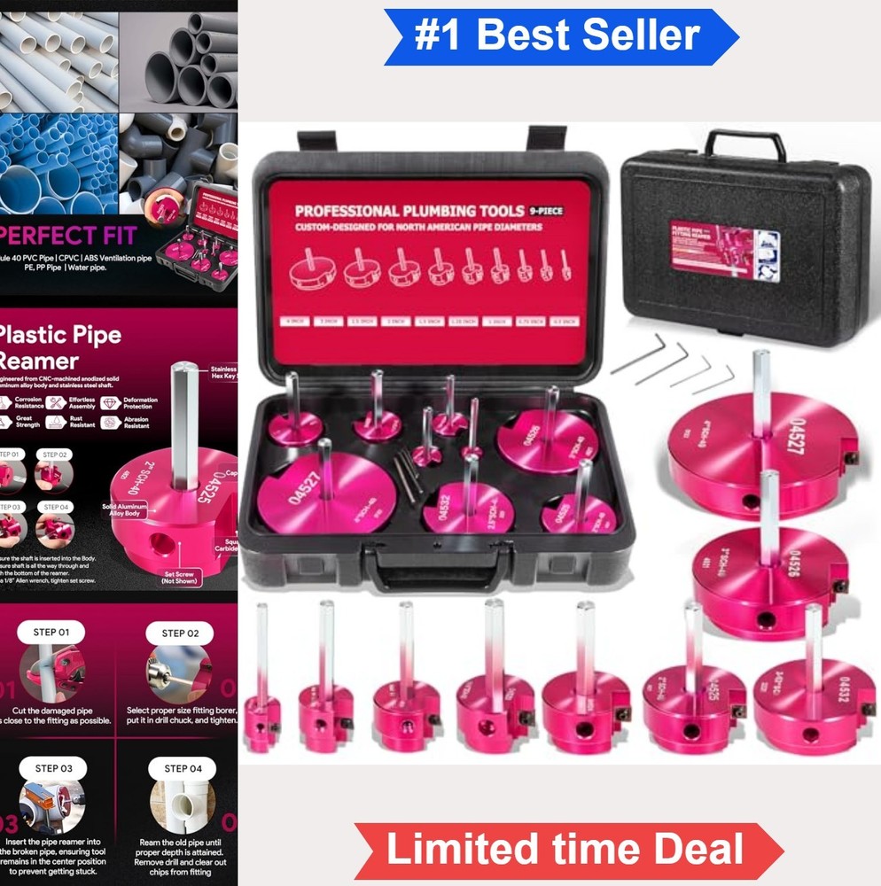 9 Piece PVC Pipe Reamer Kit 1/2 to 4 Inch For Sch40 ABS CPVC Drill Attachment